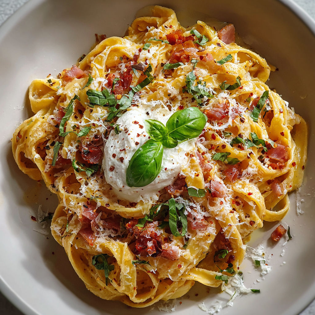 A delicious Tagliatelle with Pancetta, Basil and Mozzarella, served in a bowl.