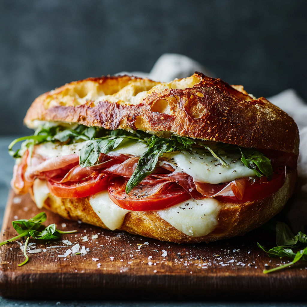A delicious toasted Italian sandwich with cheese, tomatoes, and basil.