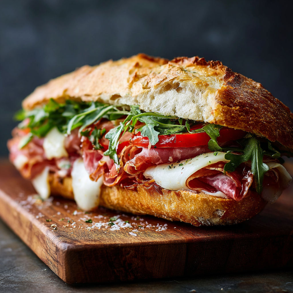 A toasted Italian sandwich with meat, cheese, and greens on a wooden cutting board.