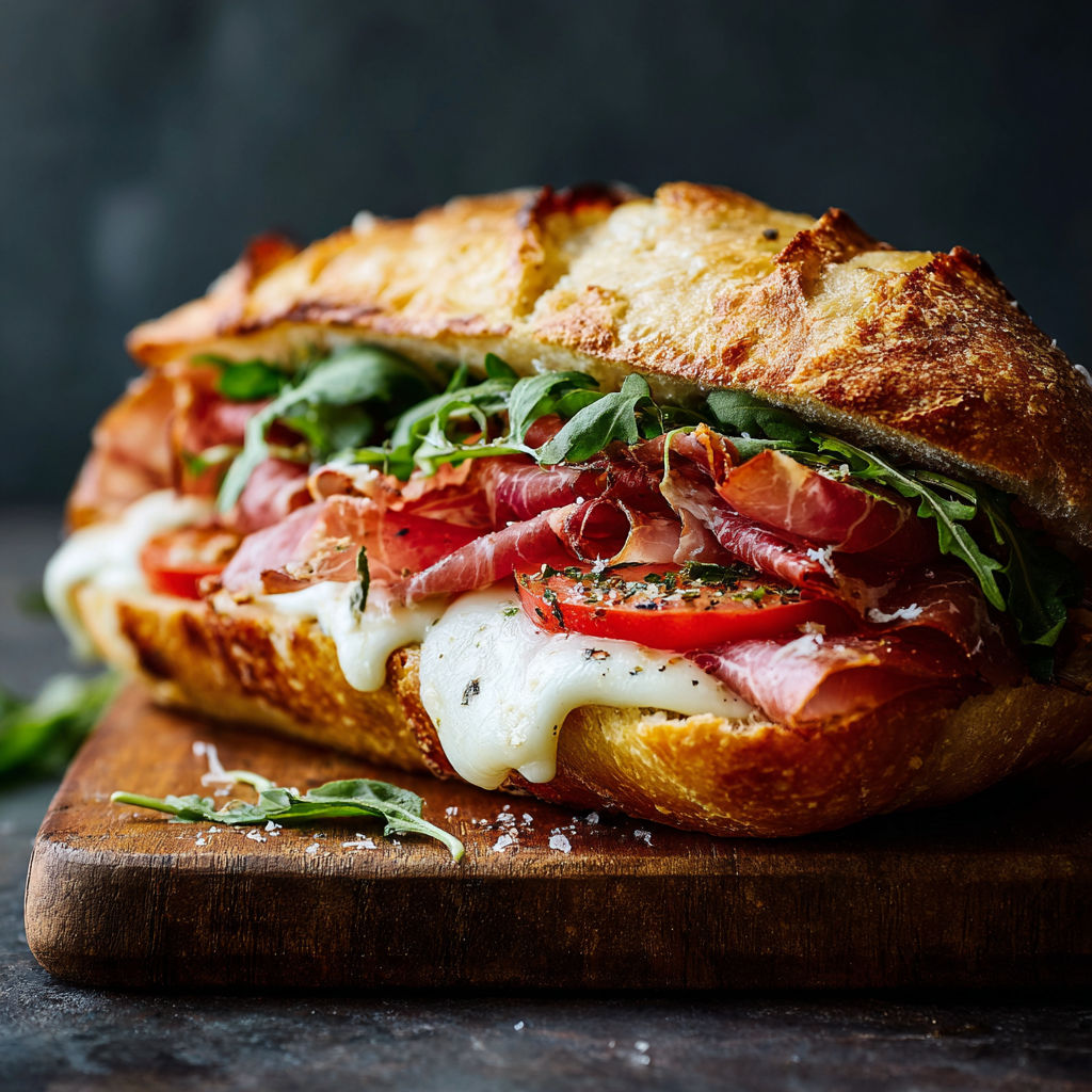 A delicious Italian sandwich with cheese, tomatoes, and ham on a toasted baguette.