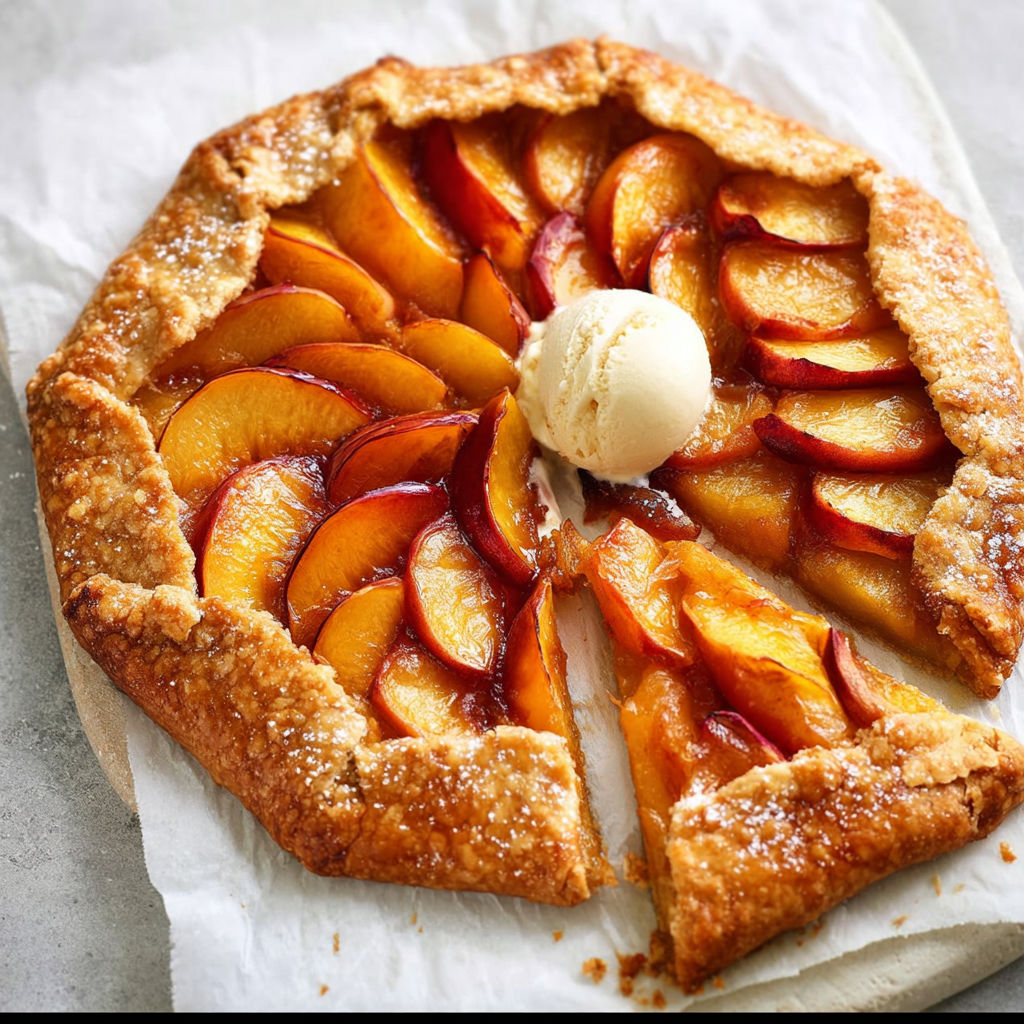 A slice of peach pie with a scoop of ice cream on top.