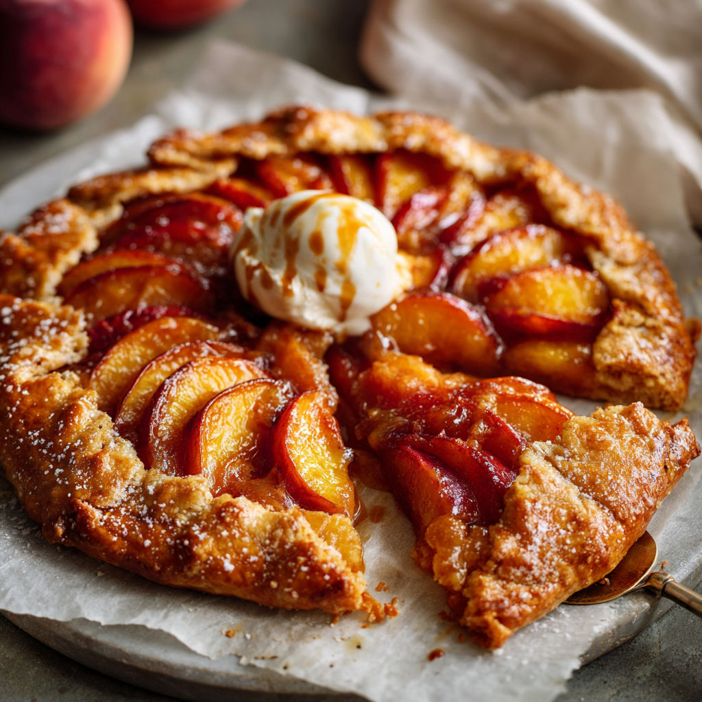 A delicious dessert with a scoop of ice cream on top, made with a crust of pastry and filled with peaches.