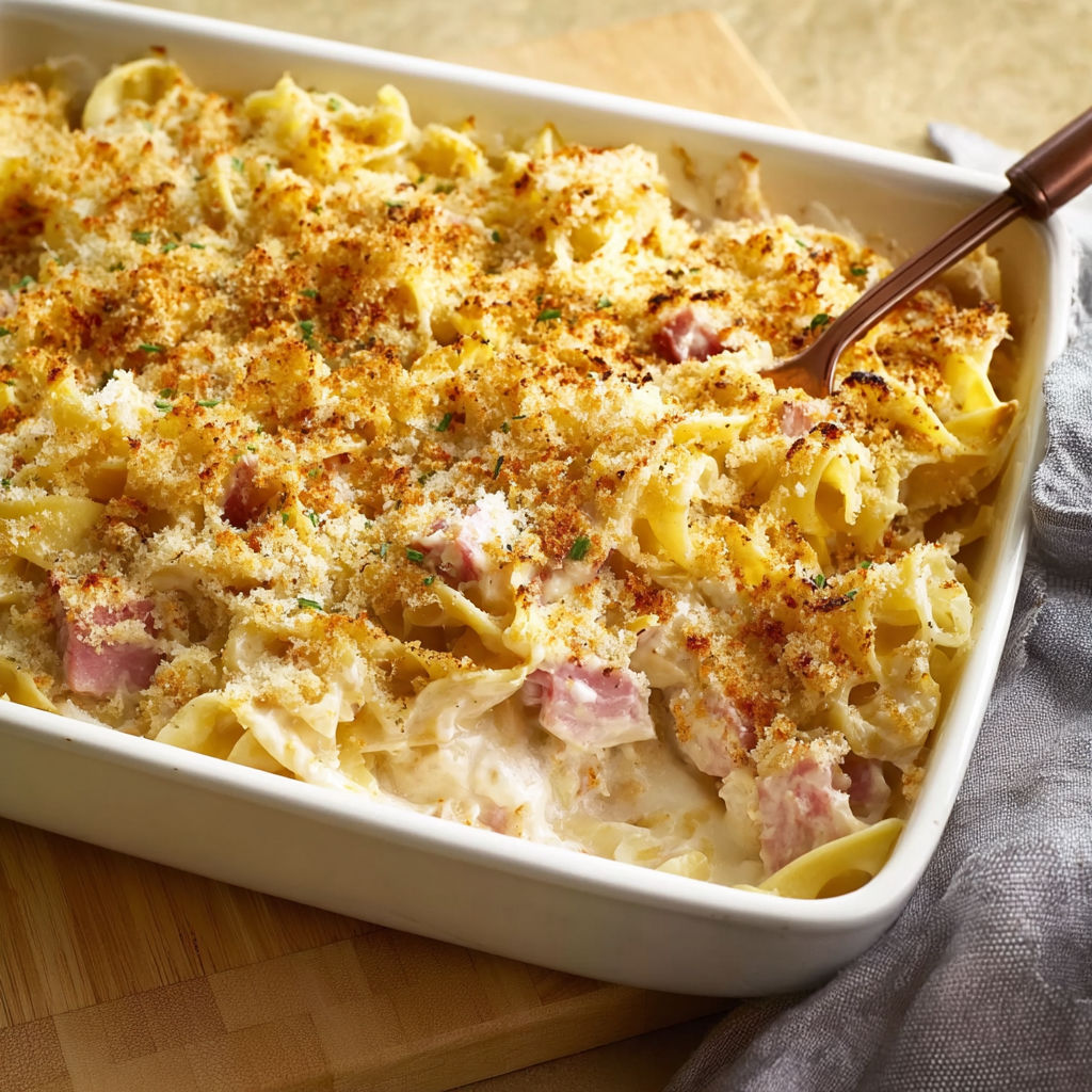 A delicious Chicken Cordon Bleu Casserole is ready to be served.