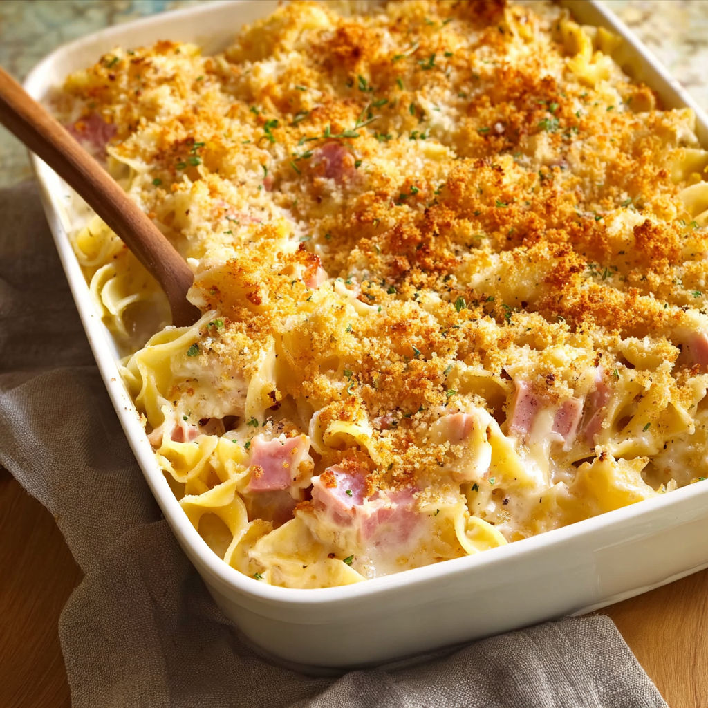 A delicious Chicken Cordon Bleu Casserole is ready to be served.