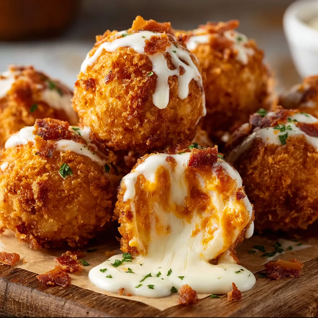 A plate of Buffalo Chicken Mozzarella Bombs, a delicious appetizer with cheese and sauce drizzled over them.