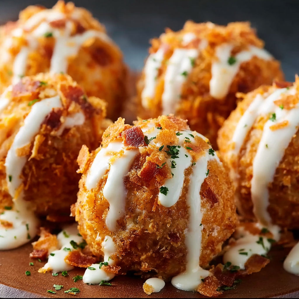 A plate of bacon wrapped appetizers with a white sauce drizzled over them.