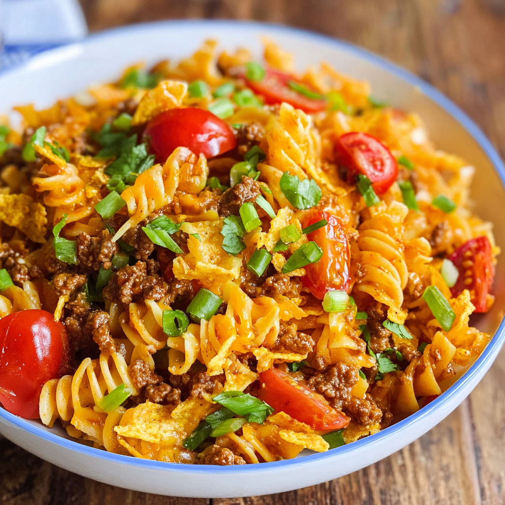 A bowl of pasta with tomatoes, green onions, and beef.