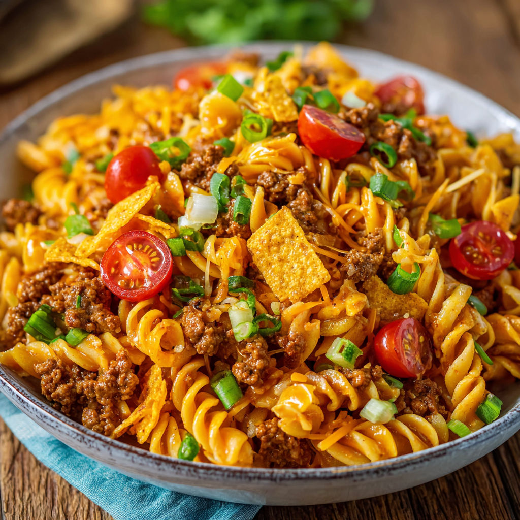 A bowl of pasta with meat and vegetables, including tomatoes and green peppers, is served on a wooden table.
