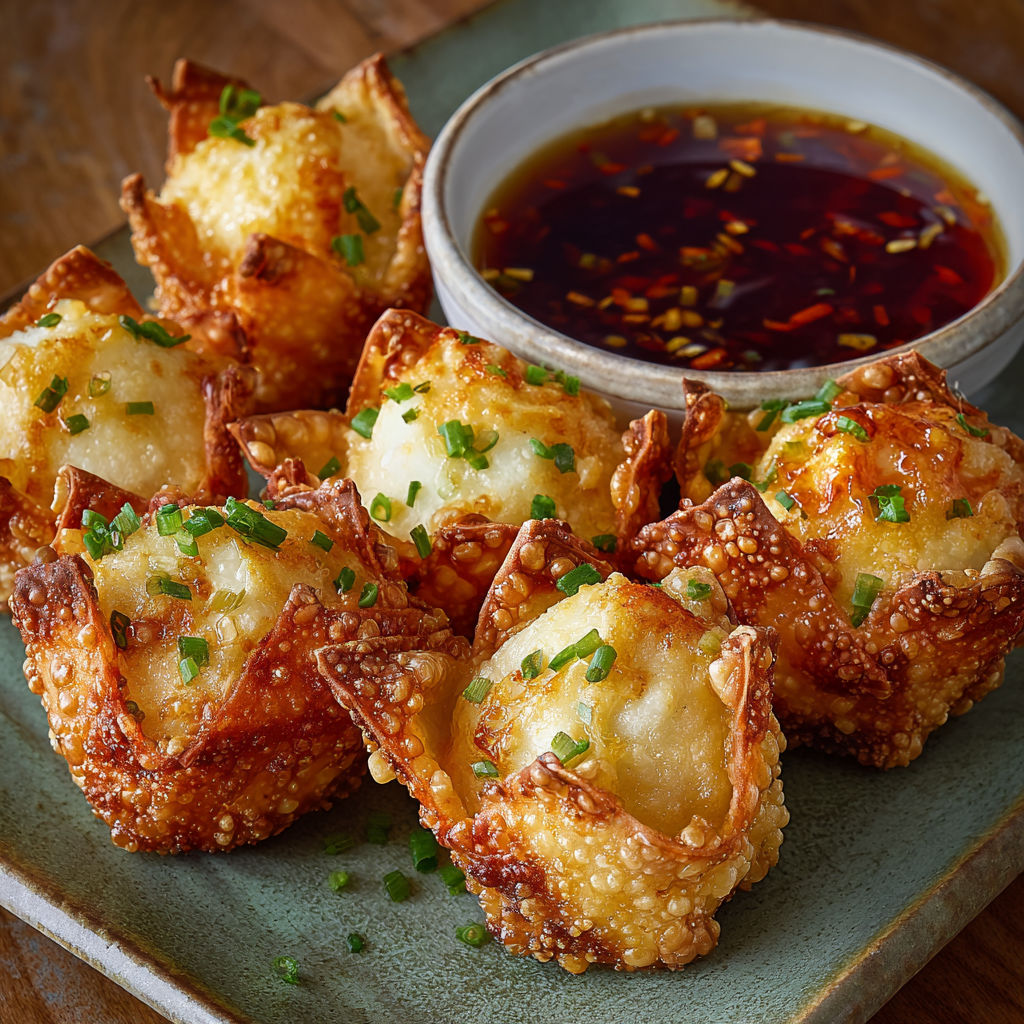 A plate of Crab Rangoon Bombs with a dipping sauce.