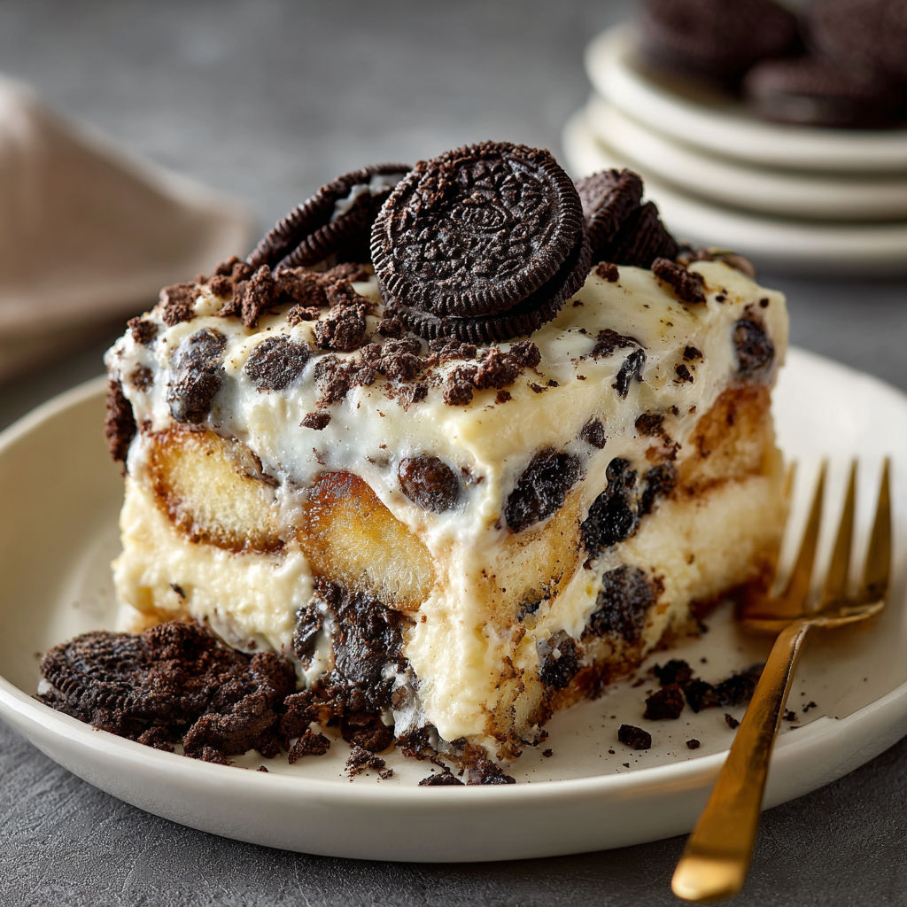 A slice of Cookies and Cream Oreo Cake is displayed on a plate.