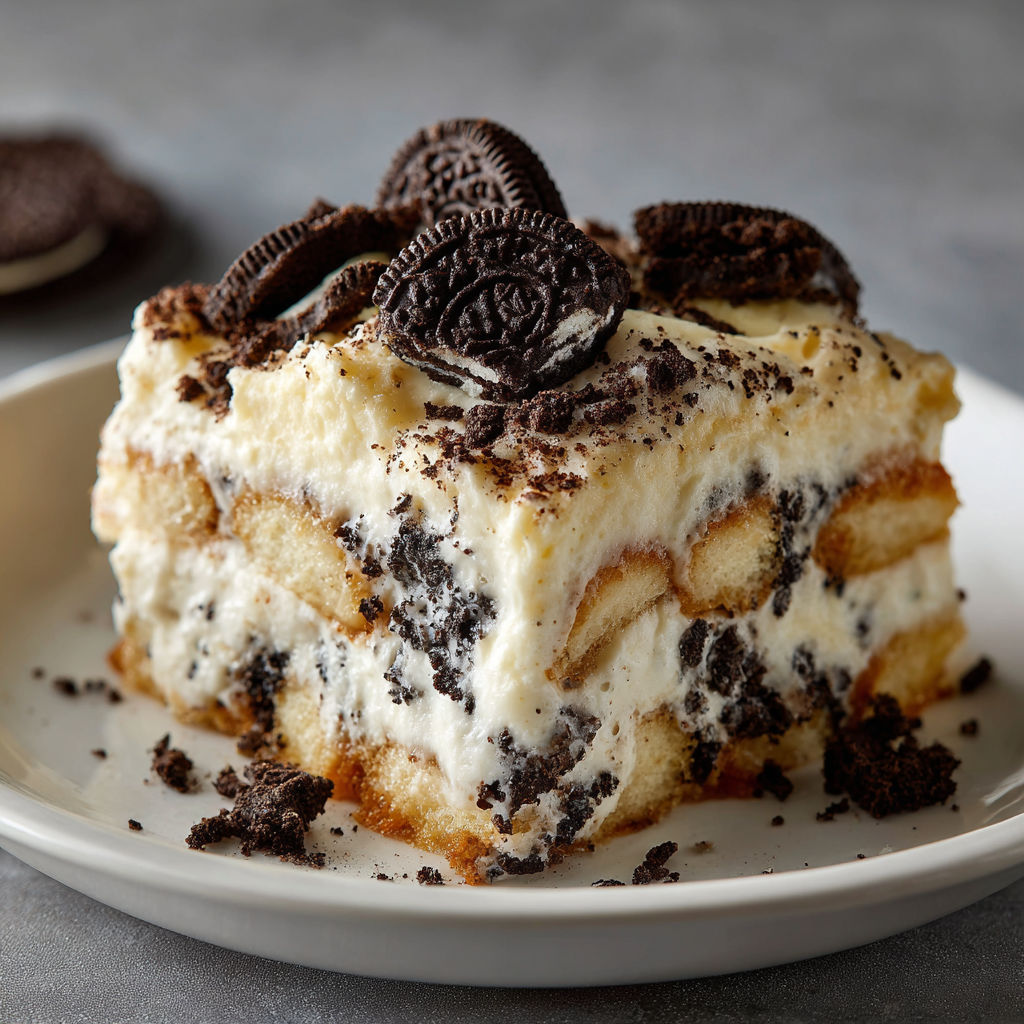 A slice of Cookies and Cream Oreo Cake on a plate.