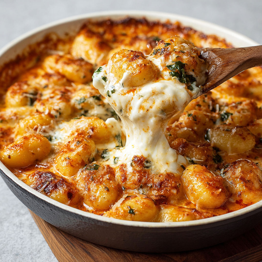 A delicious creamy baked gnocchi dish being served in a bowl.
