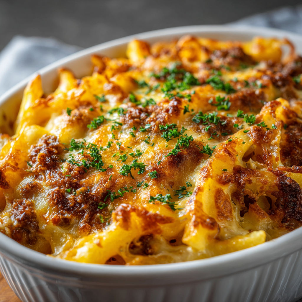 A bowl of macaroni and cheese with a green herb sprinkled on top.
