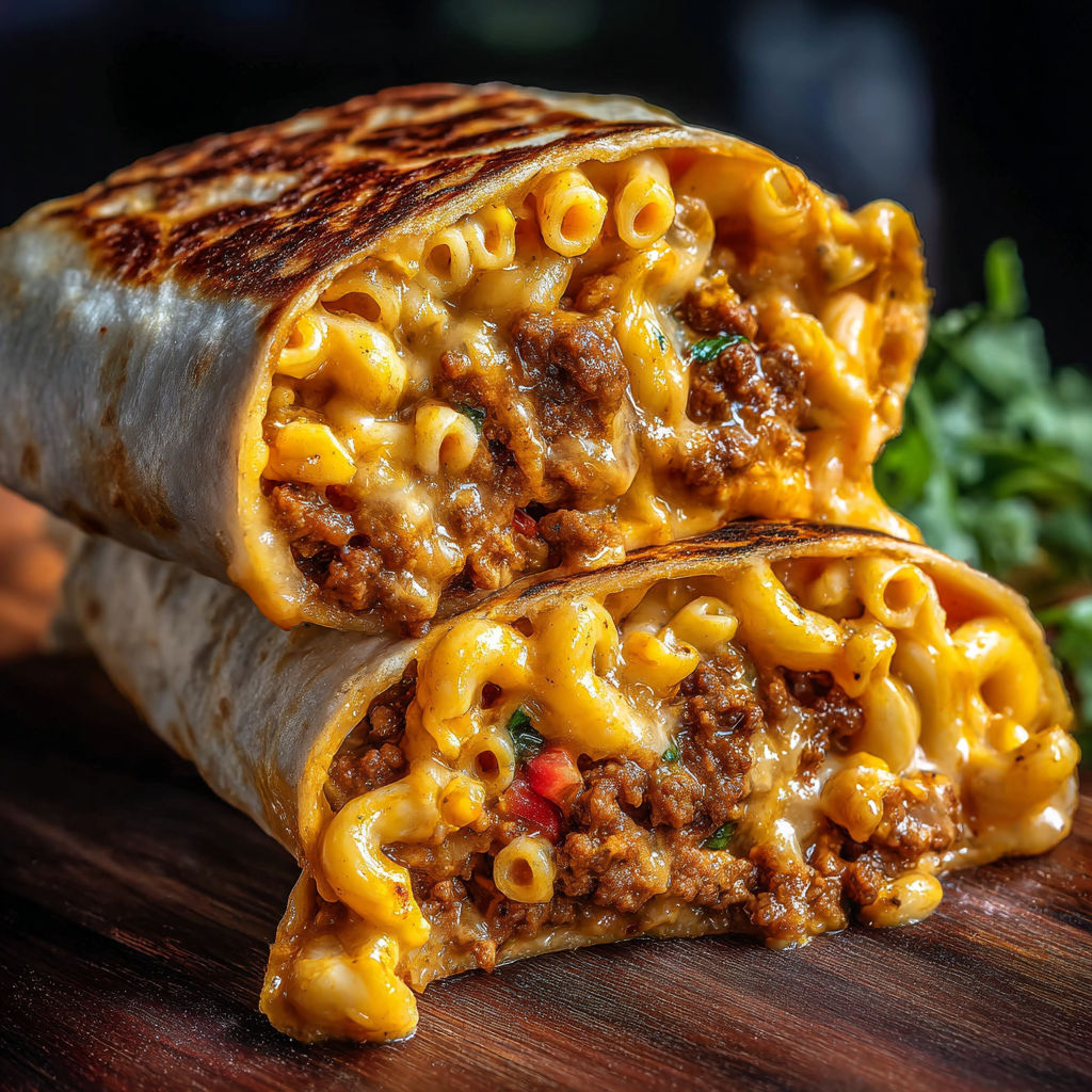 A delicious meal of macaroni and beef is served in a tortilla wrap.