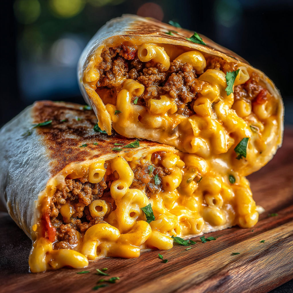 A delicious meal of macaroni and beef is served in a tortilla wrap.