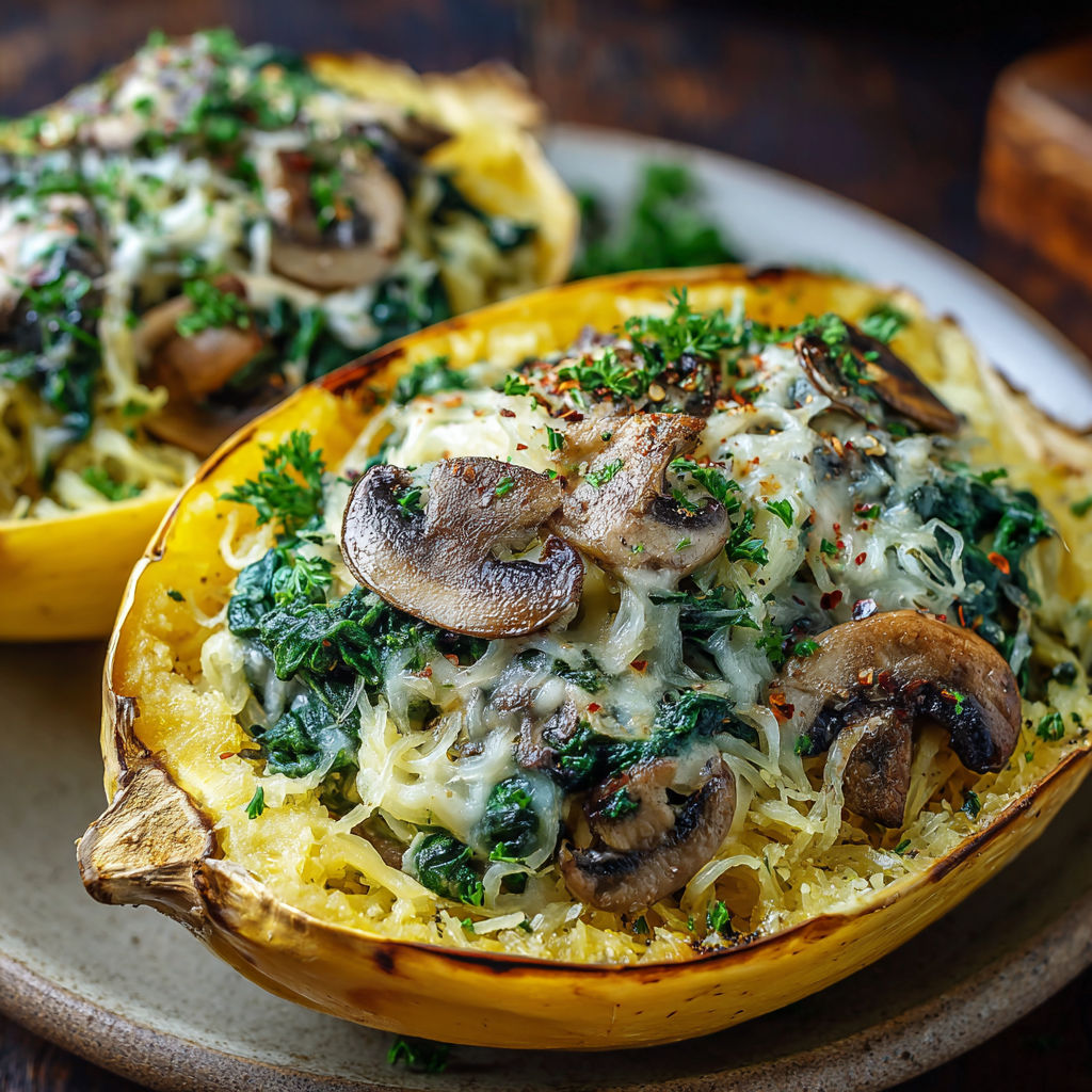 A plate of food with two stuffed squash dishes, one with mushrooms and the other with spinach.