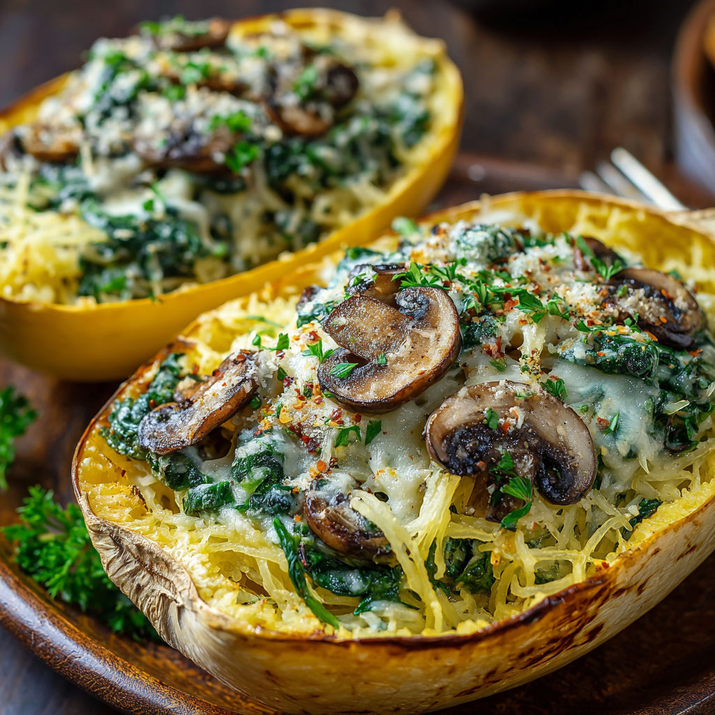 A plate of food with two stuffed squash dishes, one with mushrooms and the other with spinach.
