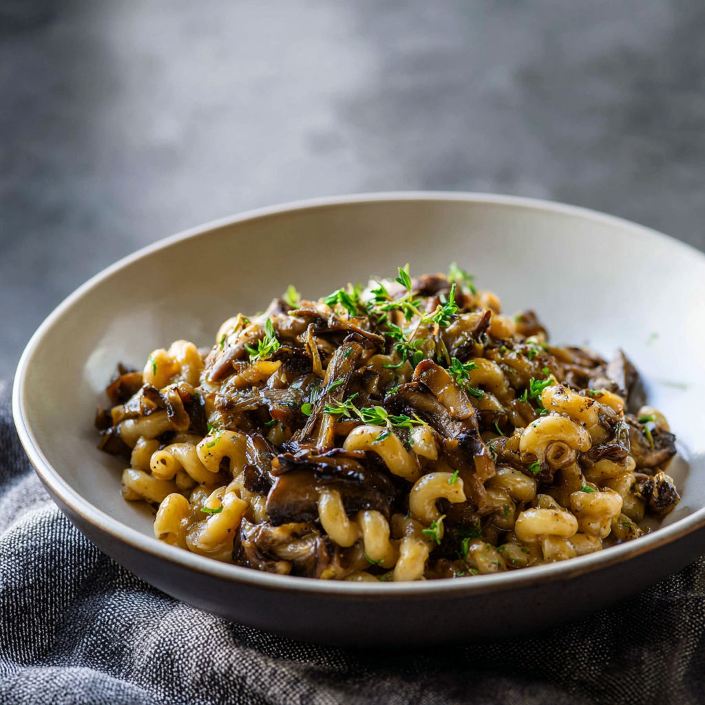 A bowl of pasta with mushrooms and herbs on a table.