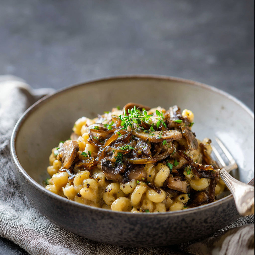 A bowl of pasta with mushrooms and cheese, served on a table.