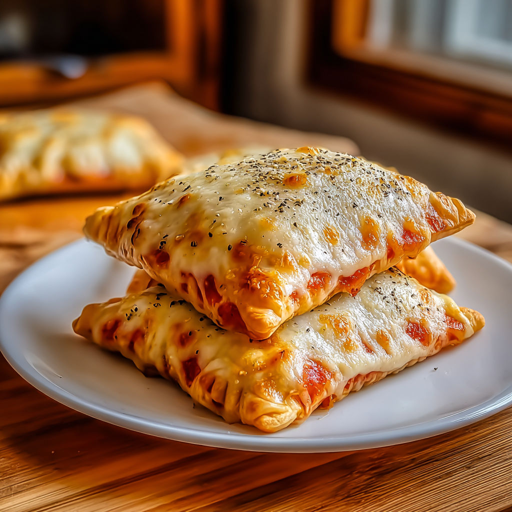 A plate of cheesy pizza pockets stacked on top of each other.