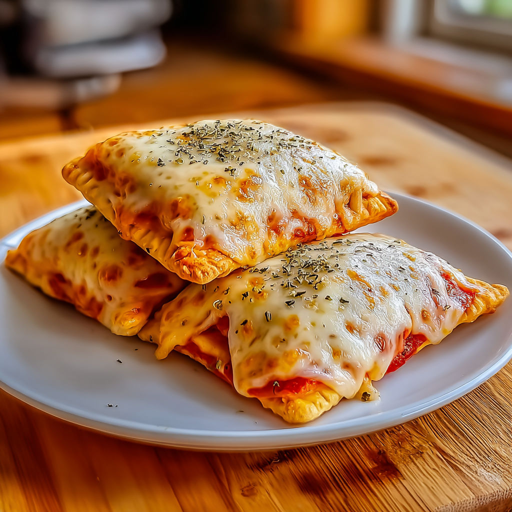 Two cheesy pizza pockets stacked on a white plate.