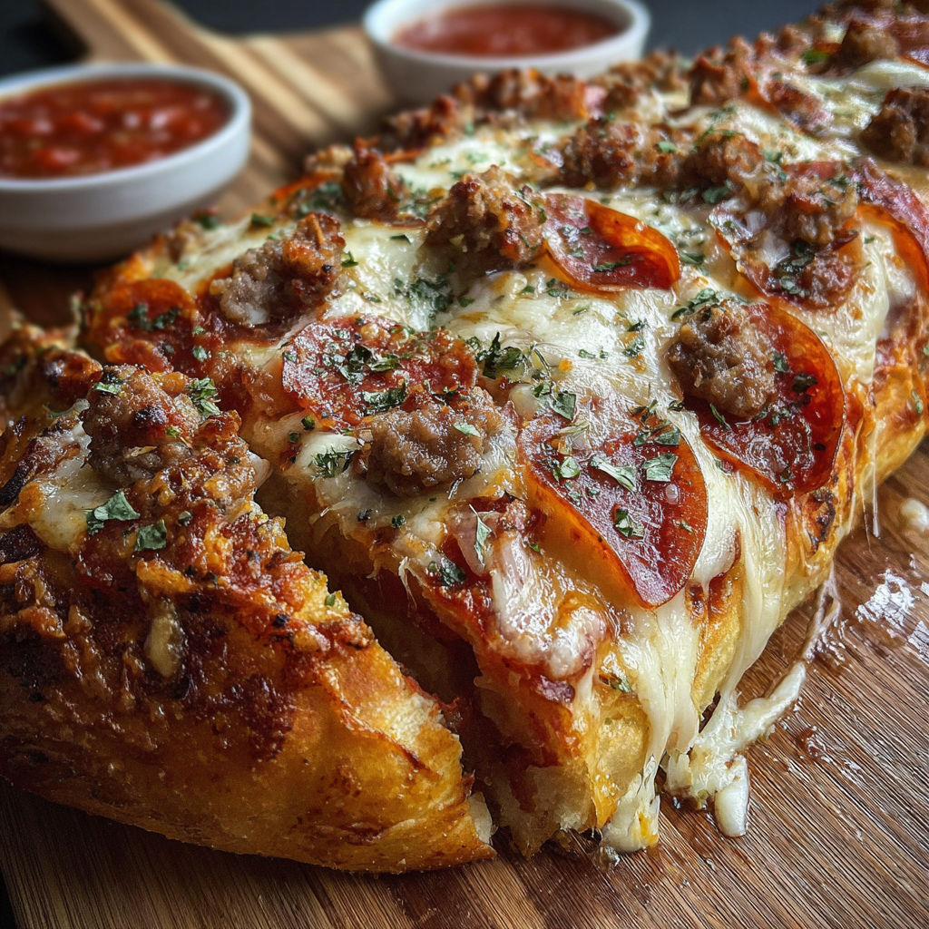 A delicious pepperoni and sausage pizza is served on a wooden cutting board.