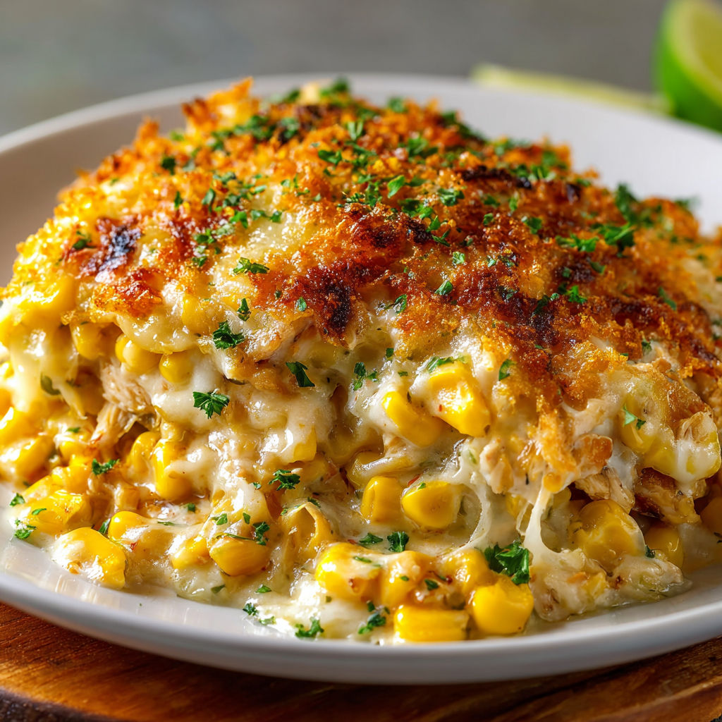 A delicious looking casserole dish filled with corn and cheese, ready to be served.