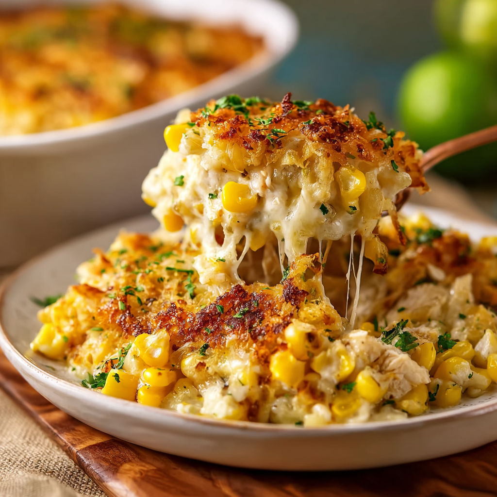 A delicious casserole dish filled with corn and cheese, ready to be served.