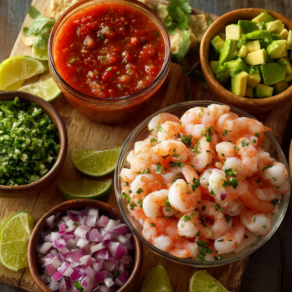 A variety of ingredients are displayed on a wooden table, including shrimp, lime, onions, and avocado, suggesting a recipe for a shrimp salad.