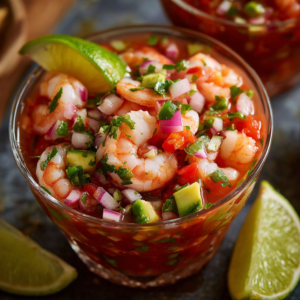 A bowl of shrimp and vegetable salsa with a slice of lime on top.
