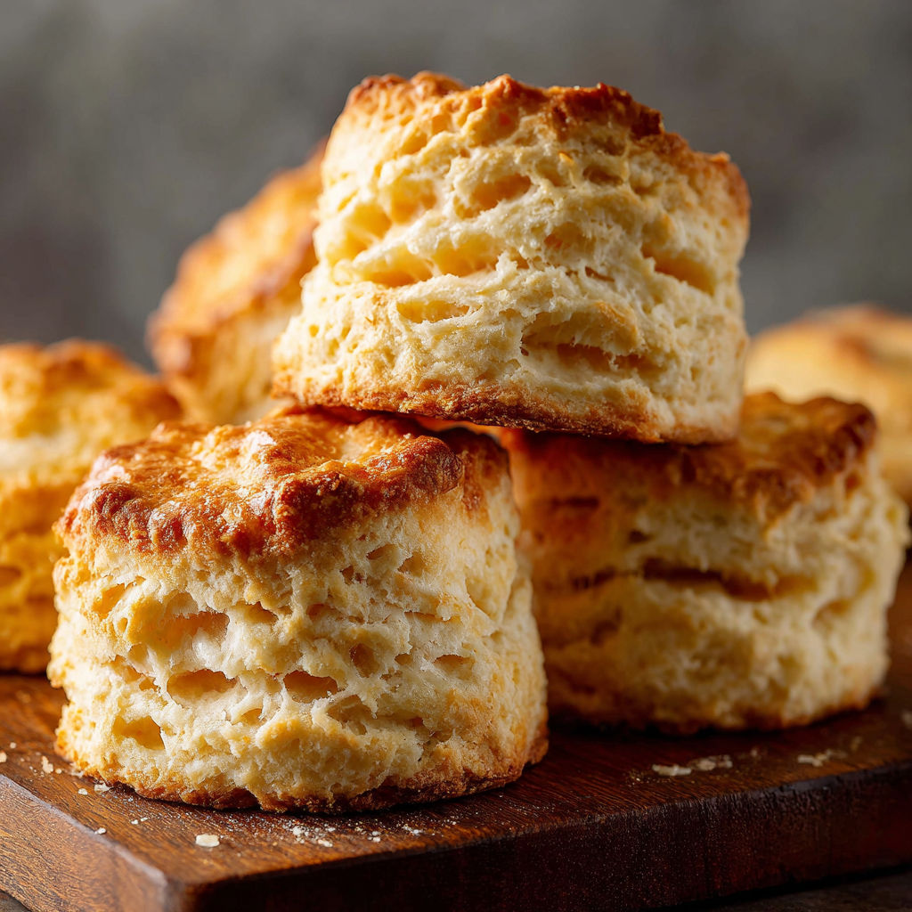 A wooden cutting board with a stack of small batch biscuits.