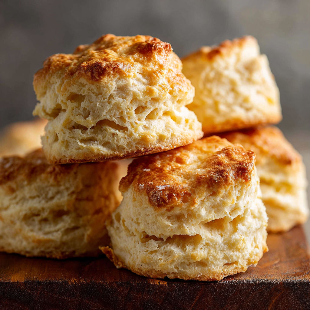 A stack of three biscuits on a wooden table.