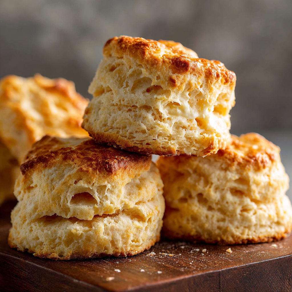 A stack of three biscuits on a wooden cutting board, with one biscuit on the left, one in the middle, and one on the right.