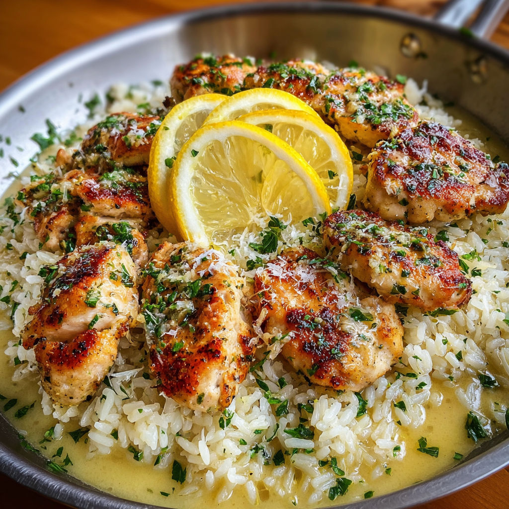 A pan of rice with chicken and lemon wedges on top.