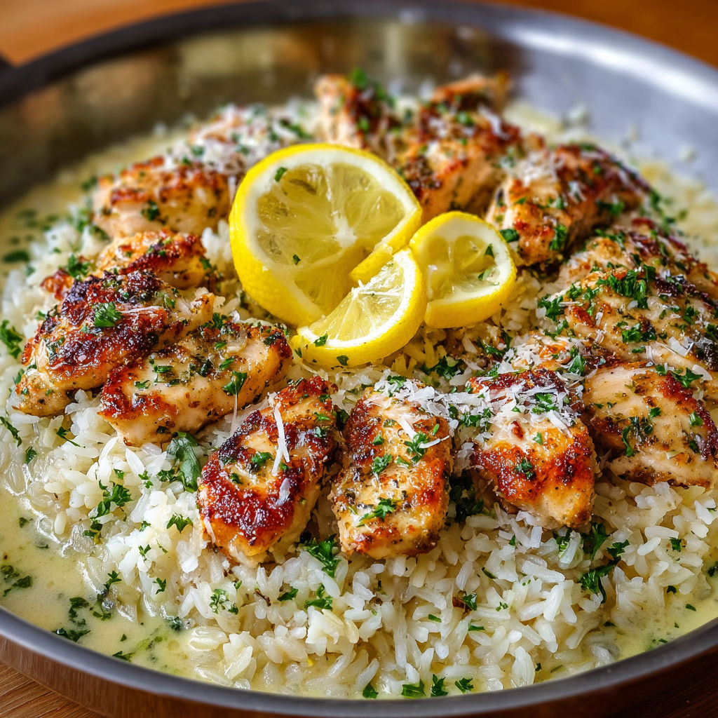 A bowl of rice with chicken and lemon wedges on top.