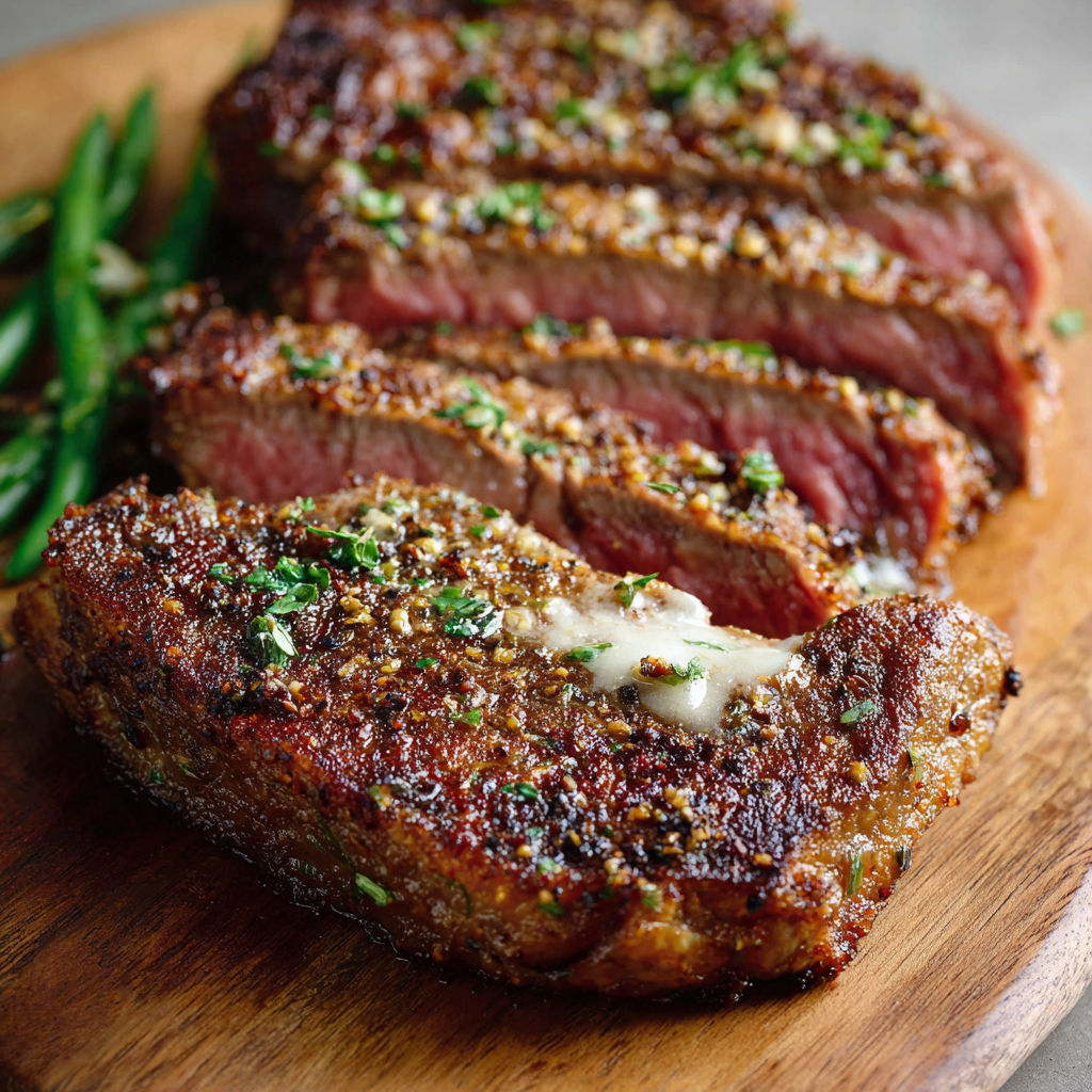 A close up of a delicious steak with herbs and cheese on top, served on a wooden cutting board.