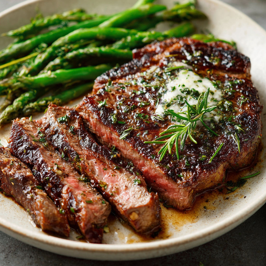 A plate of steak and asparagus with a white sauce on top.