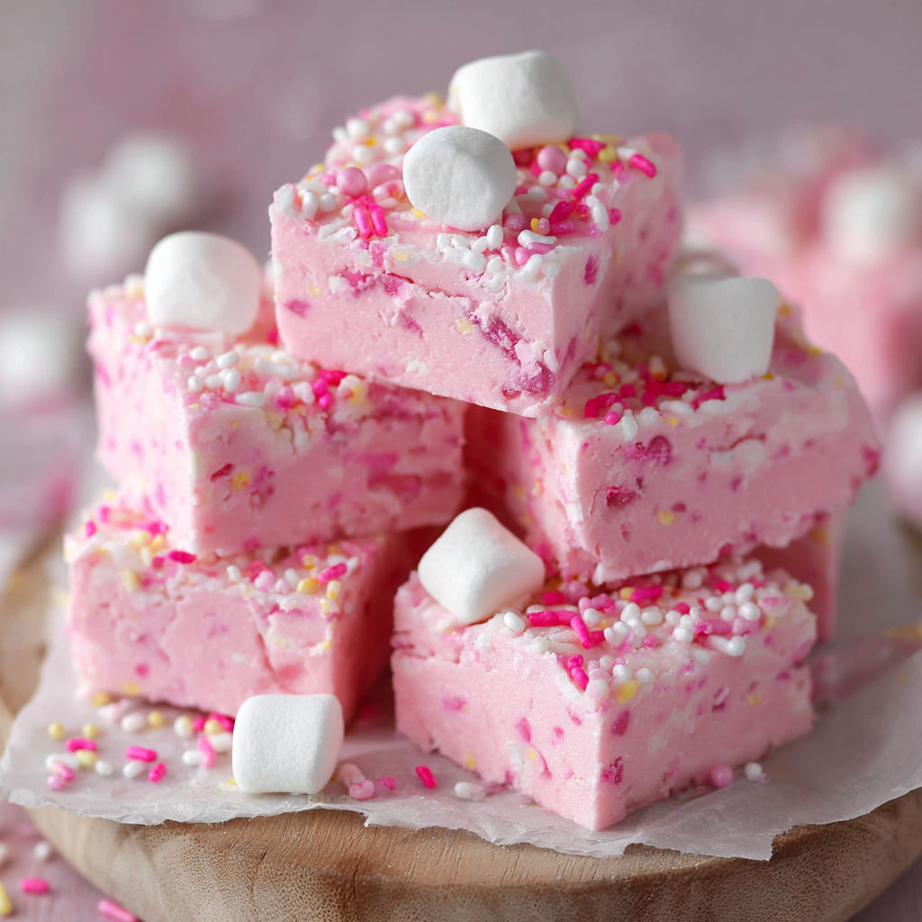 A stack of pink and white cake with marshmallows on top.