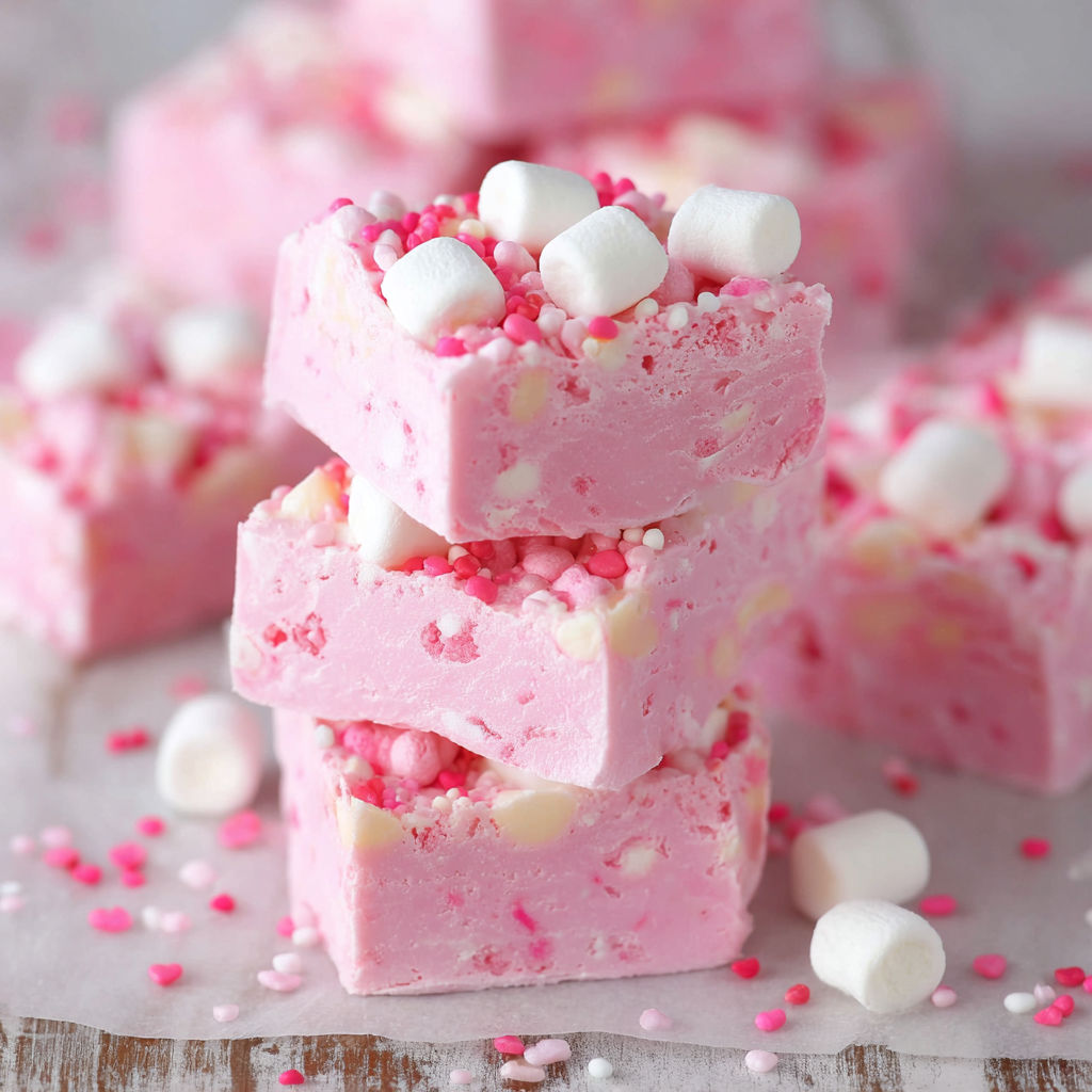 A stack of pink and white cake squares with marshmallows on top.