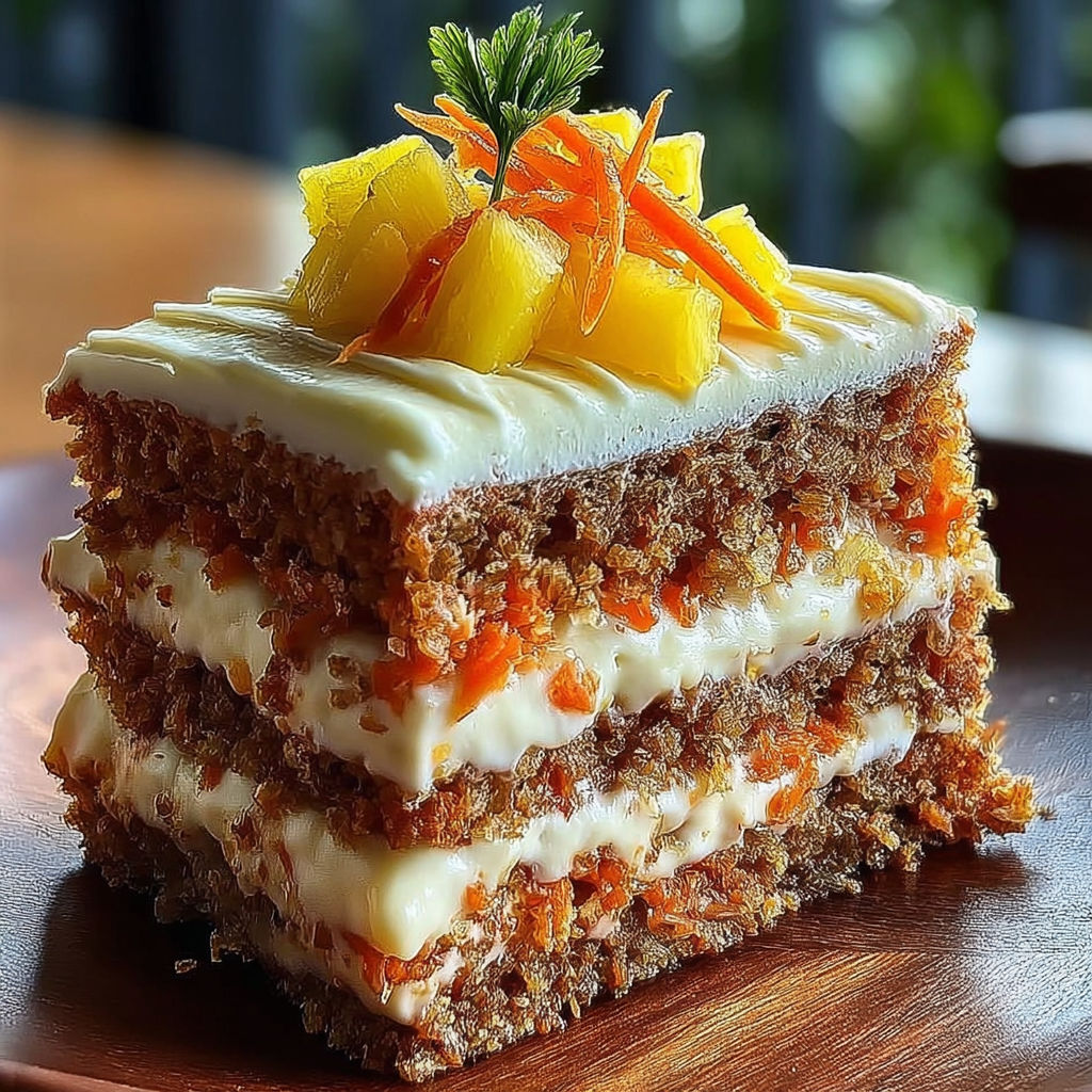 A three-layer carrot cake with white frosting and a slice of pineapple on top.