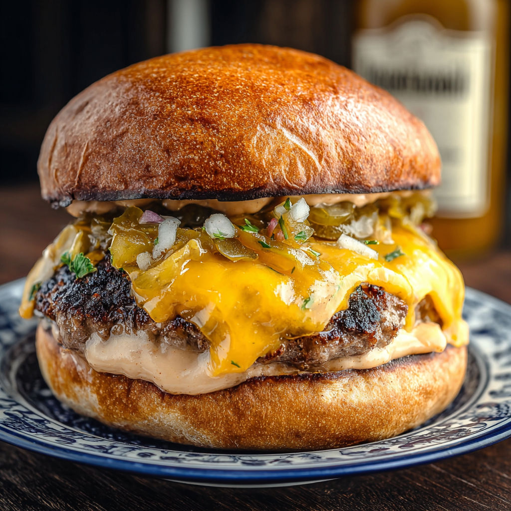A delicious smoked Cajun burger with cheese and jalapenos on a bun.