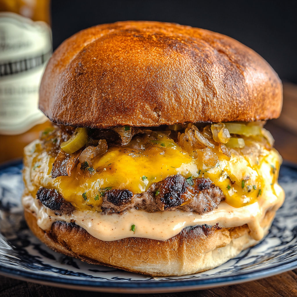 A delicious smoked Cajun burger with cheese and onions, ready to be enjoyed.