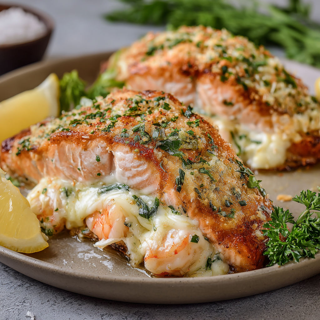 A plate of Crab Shrimp Stuffed Salmon with lemon wedges on the side.