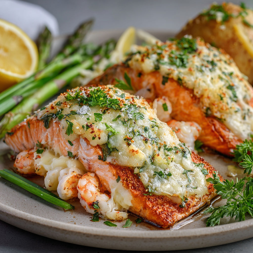 A plate of food with salmon, potatoes, and asparagus, along with a lemon wedge.
