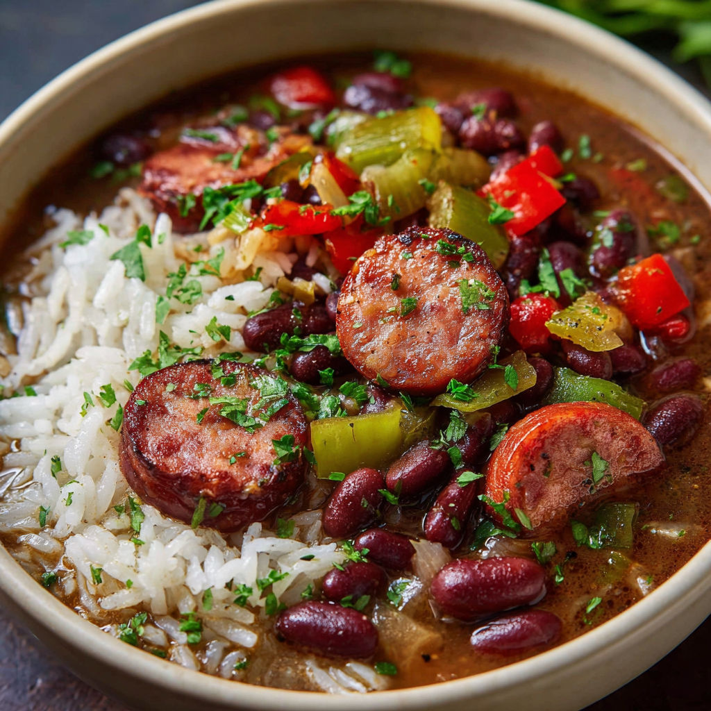 A bowl of red beans and rice with a variety of vegetables and spices.