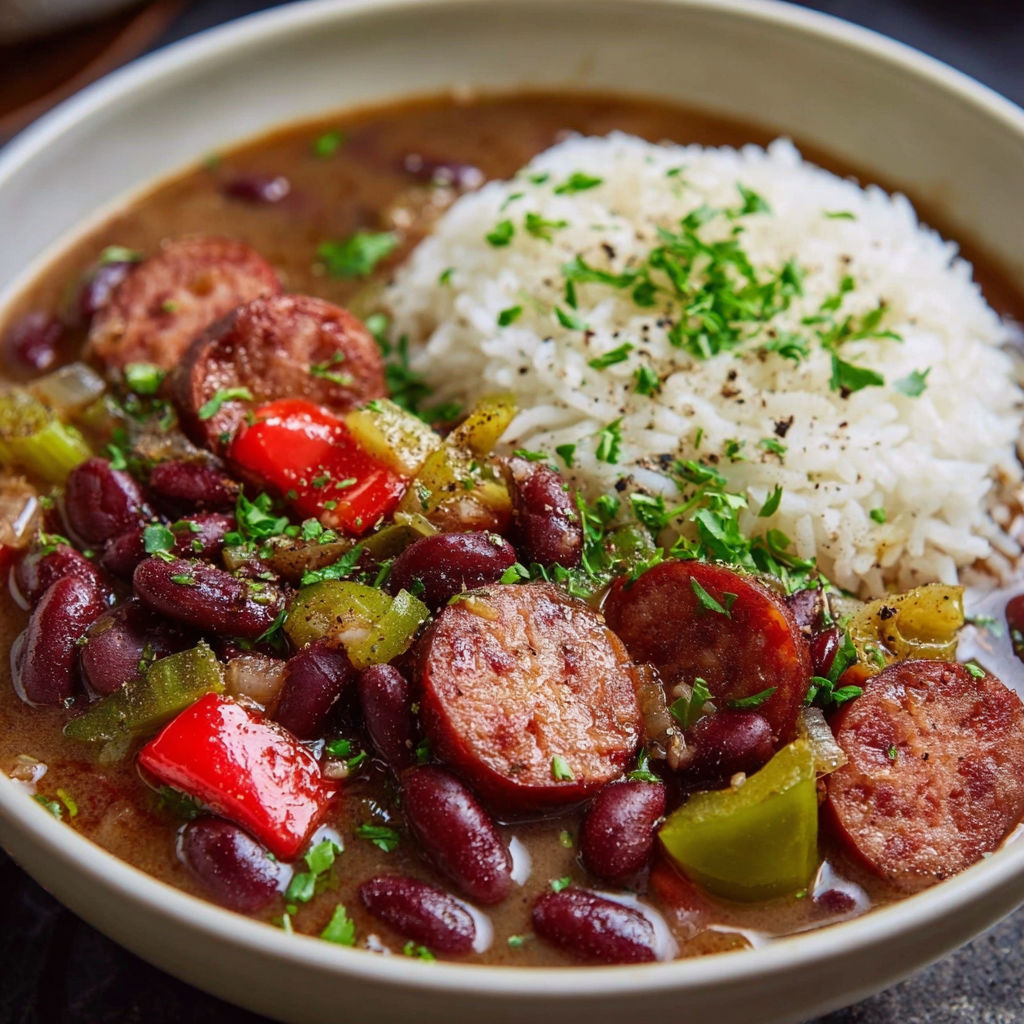 A bowl of red beans and rice with sausage, rice, and vegetables.