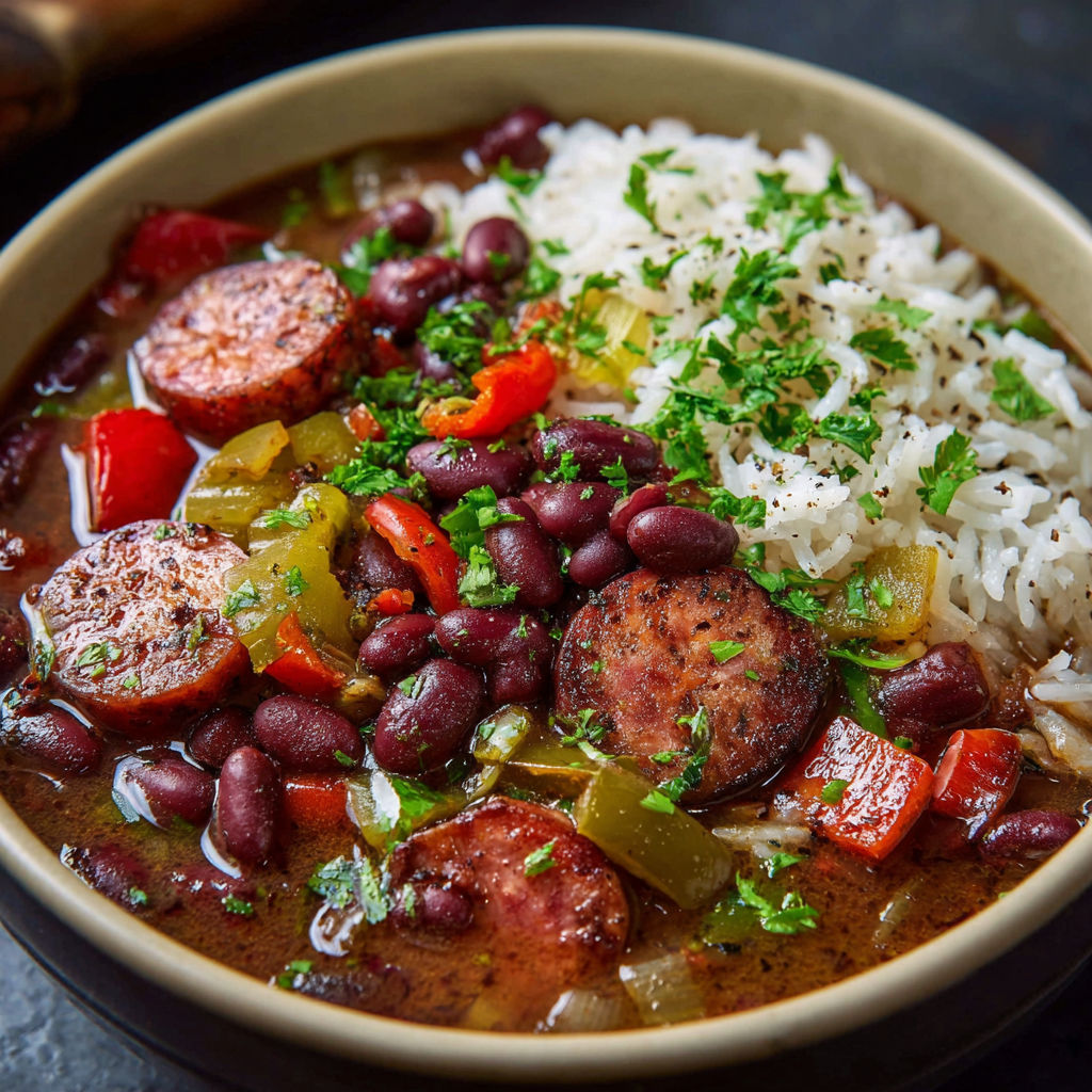 A bowl of red beans and rice with a variety of vegetables and spices.