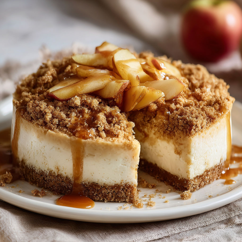 A slice of cheesecake with a caramel sauce drizzle on top.