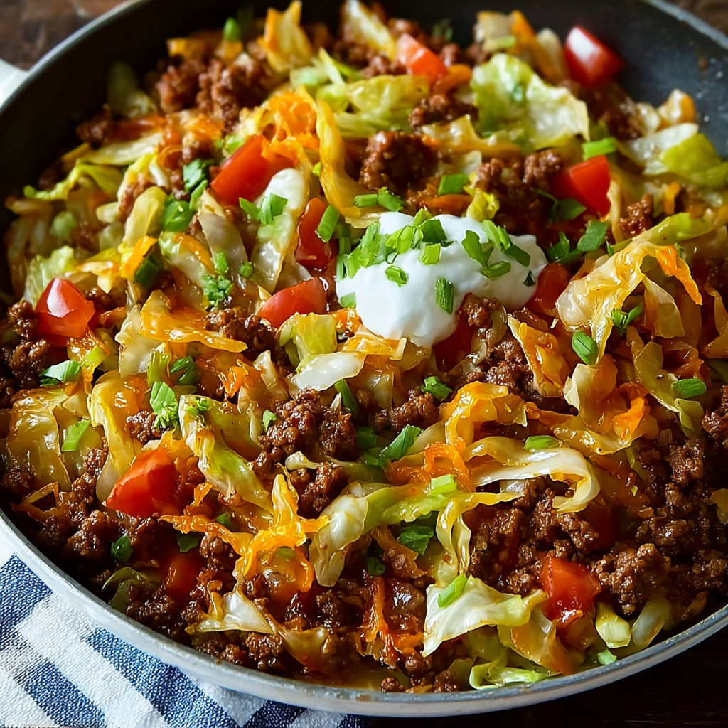A delicious Ground Beef Taco Cabbage Skillet is served in a pan.
