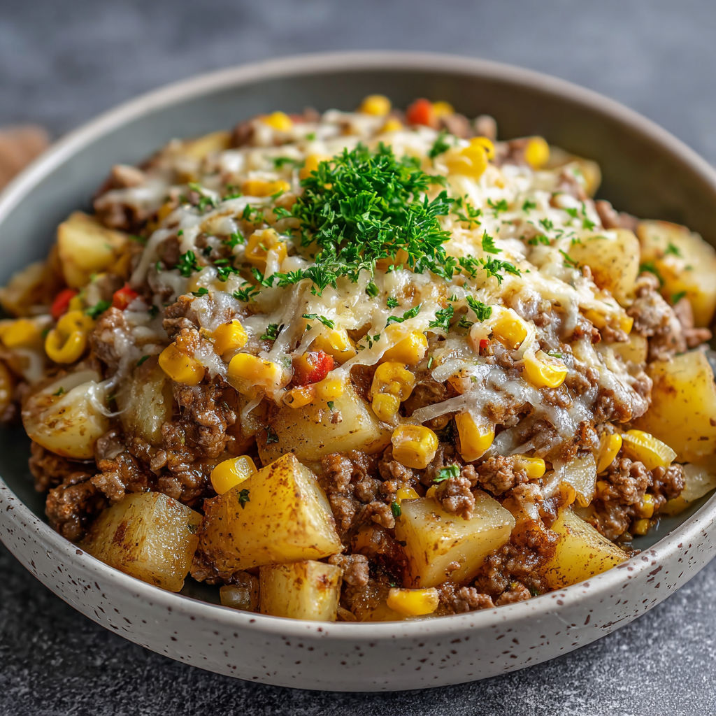A bowl of Slow Cooker Hamburger Hash, featuring a delicious combination of ground beef, potatoes, and cheese, is ready to be enjoyed.